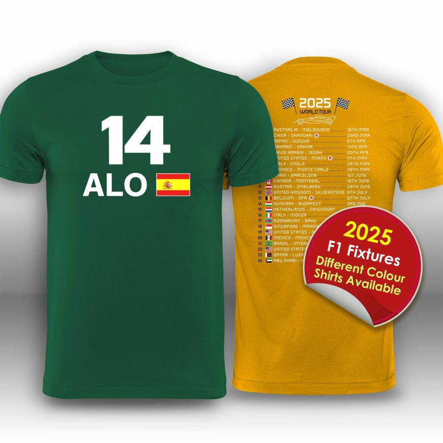 Fernando Alonso 2025 Race Calendar Formula 1 F1 T-Shirt Aston Martin F1 Team