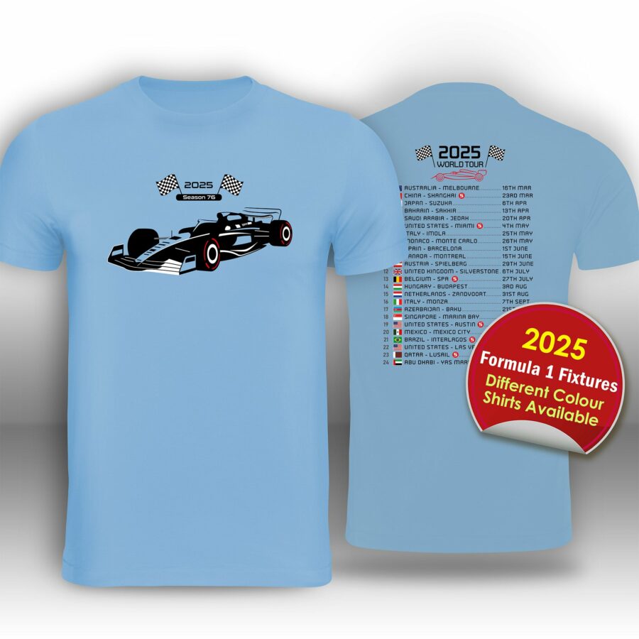 Formula 1 2025 Race Calendar T-Shirt from the F1 Jackets store collection.