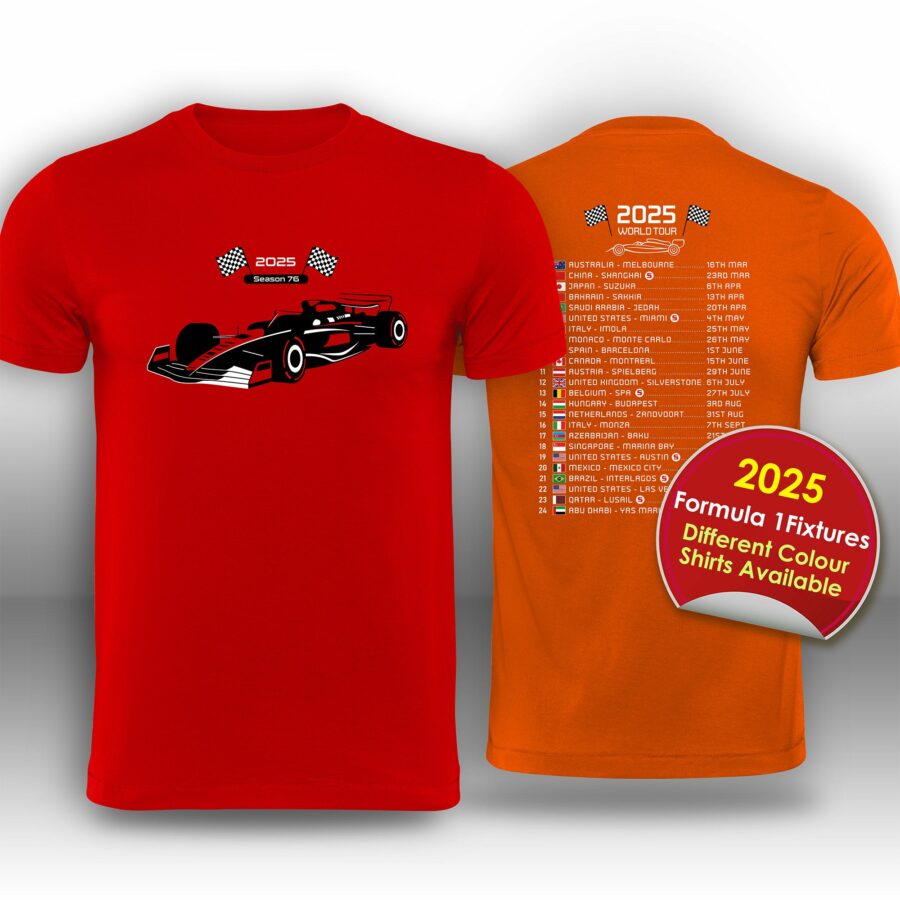 Formula 1 2025 Race Calendar T-Shirt from the F1 Jackets store collection.