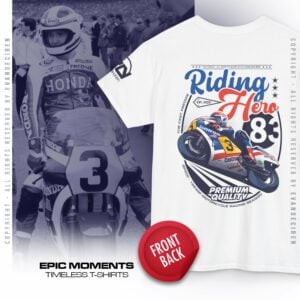Riding Hero Fast Freddie 1983 | Honda MotoGP Vintage Racing Legend T-Shirt Tee Product by Evan DeCiren Store