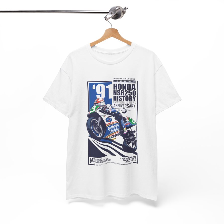 Luca Cadalora 1991 T-Shirt | Honda NSR250 Rothmans Racing Tee | MotoGP Legend Vintage Motorcycle Shirt from the MotoGP Clothing & Merchandise store collection.