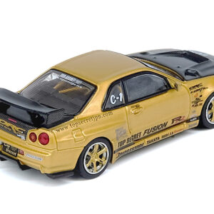 Nissan Skyline GT-R (R34) RHD (Right Hand Drive) "Top Secret" Gold Metallic with Carbon Hood and Trunk 1/64 Diecast Model Car by Inno Models  by Diecast Mania