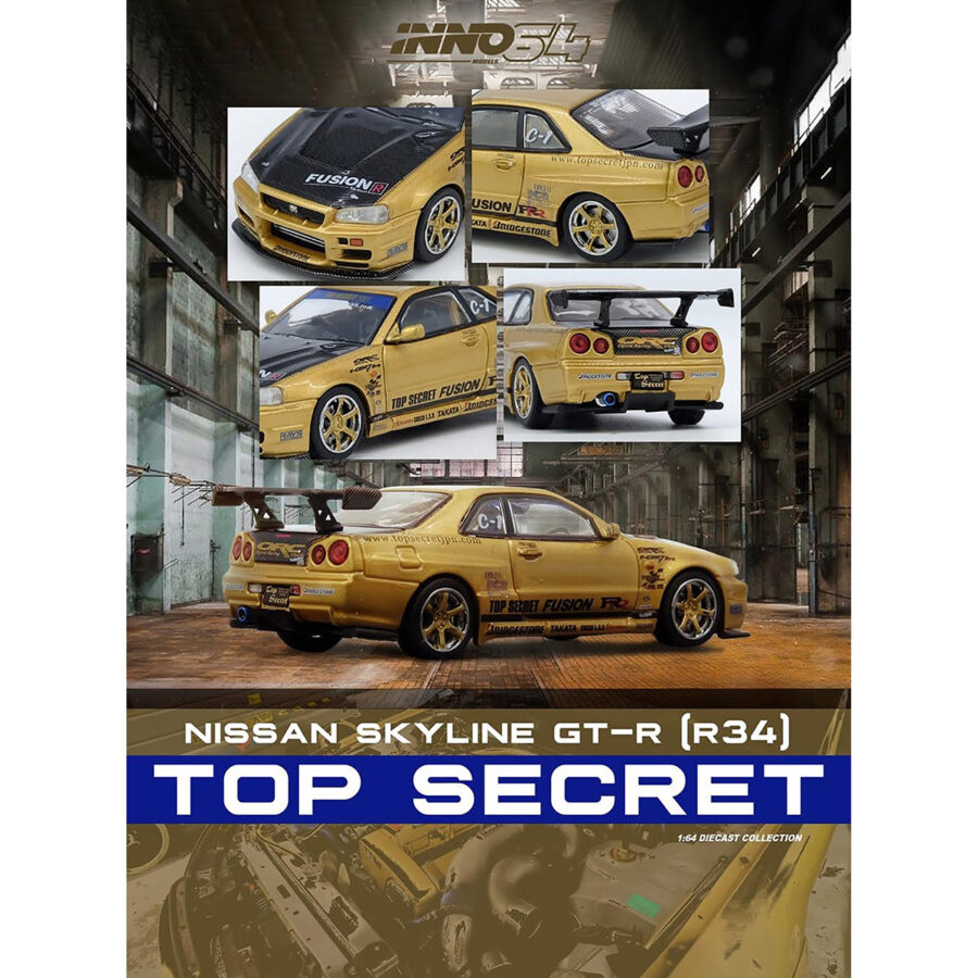 Nissan Skyline GT-R (R34) RHD (Right Hand Drive) "Top Secret" Gold Metallic with Carbon Hood and Trunk 1/64 Diecast Model Car by Inno Models Automotive