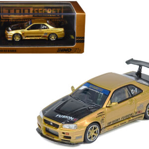 Nissan Skyline GT-R (R34) RHD (Right Hand Drive) "Top Secret" Gold Metallic with Carbon Hood and Trunk 1/64 Diecast Model Car by Inno Models  by Diecast Mania