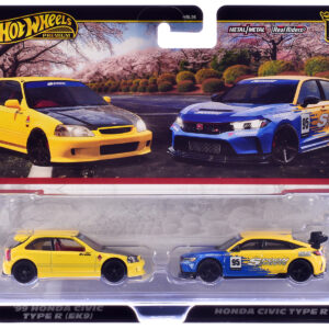 1999 Honda Civic Type R (EK9) RHD (Right Hand Drive) Yellow with Red Interior and Honda Civic Type R #95 "Spoon Sports" Blue and Yellow "Car Culture" Set of 2 Cars Diecast Model Cars by Hot Wheels Automotive by Diecast Mania