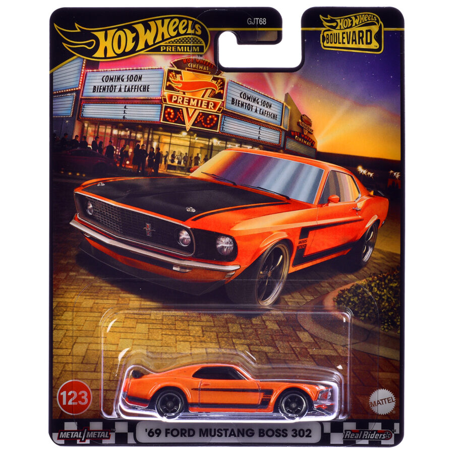 1969 Ford Mustang Boss 302 Orange with Black Stripes and Hood "Boulevard" Series Diecast Model Car by Hot Wheels from the Ford store collection.