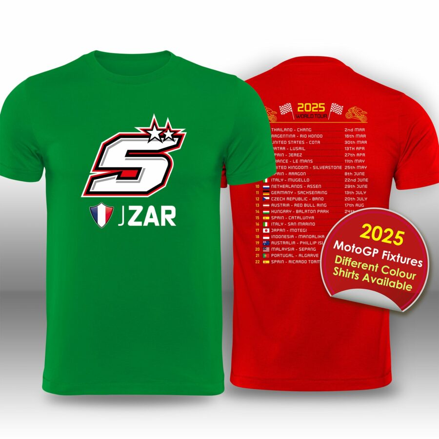 Johann Zarco 2025 MotoGP Race Calendar T-Shirt from the Sports Car Racing Gifts store collection.