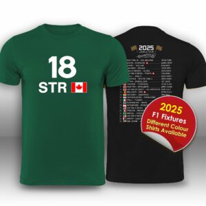 Lance Stroll 2025 Race Calendar Formula 1 F1 T-Shirt from the F1 Jackets store collection.