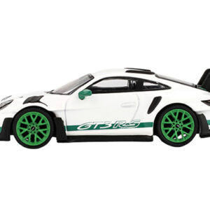 Porsche 911 (992) GT3 RS White with Green Stripes and Wheels "Tribute to Carrera RS Package" Limited Edition 1/64 Diecast Model Car by Mini GT by Diecast Mania