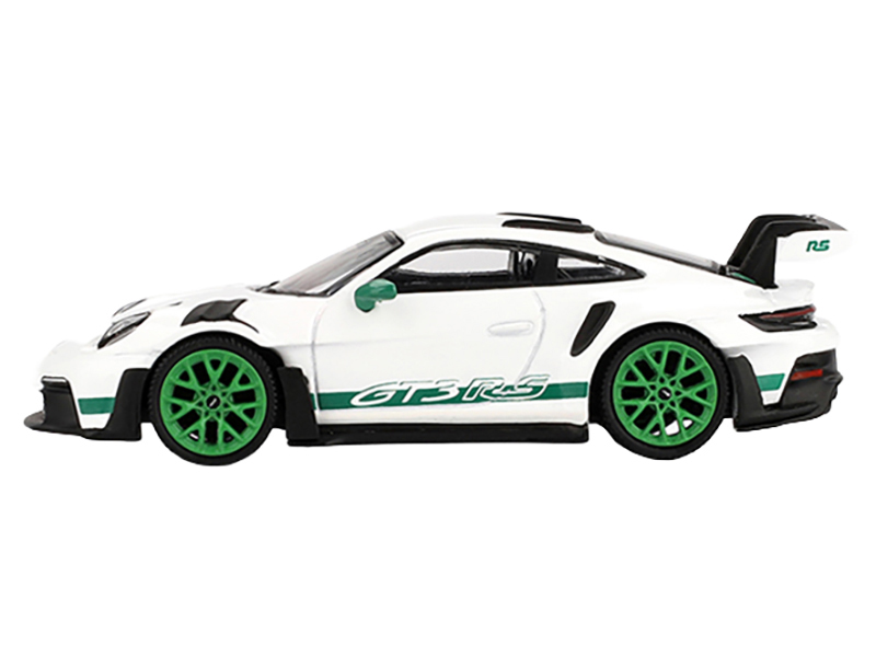 Porsche 911 (992) GT3 RS White with Green Stripes and Wheels "Tribute to Carrera RS Package" Limited Edition 1/64 Diecast Model Car by Mini GT Automotive