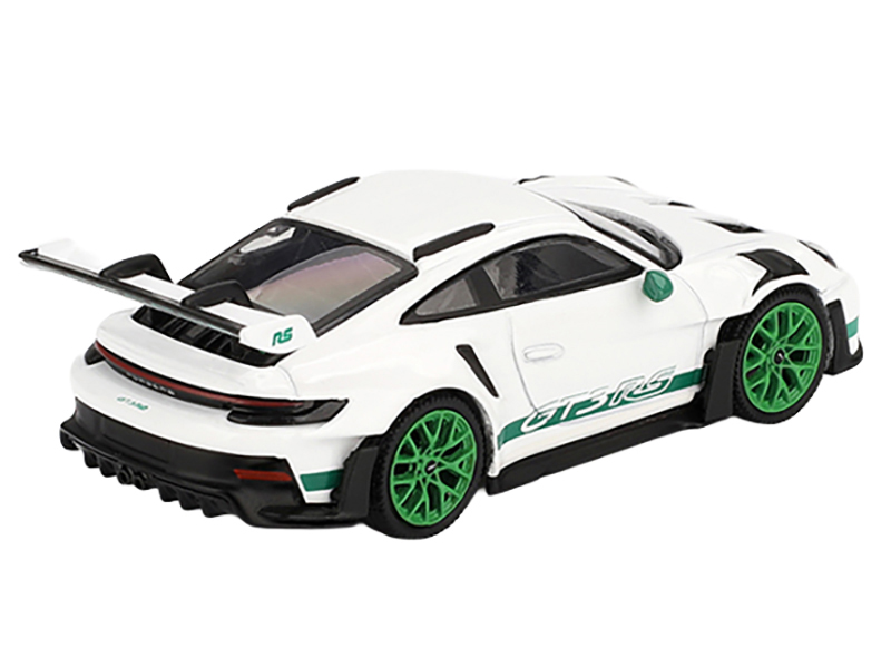 Porsche 911 (992) GT3 RS White with Green Stripes and Wheels "Tribute to Carrera RS Package" Limited Edition 1/64 Diecast Model Car by Mini GT Automotive