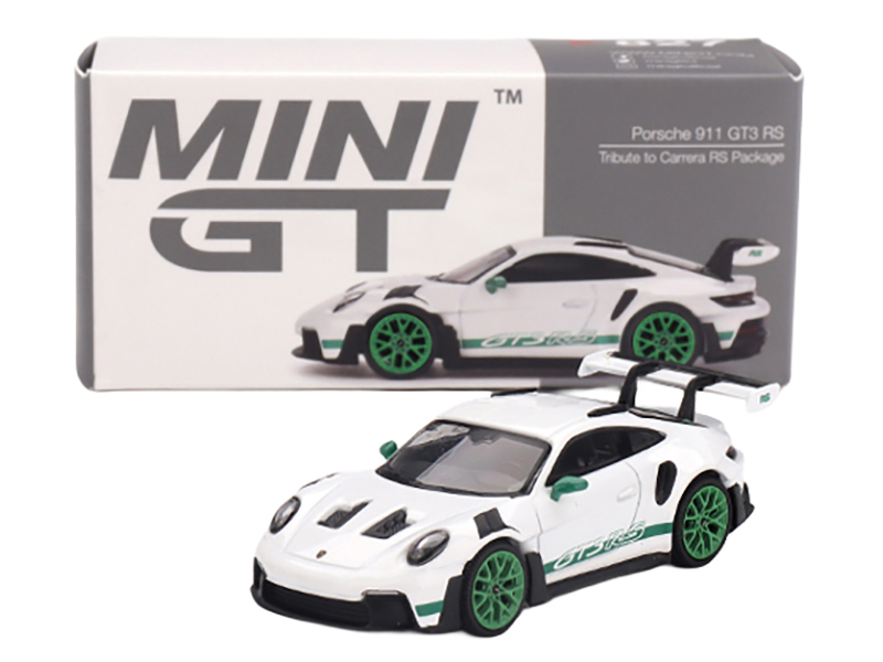 Porsche 911 (992) GT3 RS White with Green Stripes and Wheels "Tribute to Carrera RS Package" Limited Edition 1/64 Diecast Model Car by Mini GT Automotive