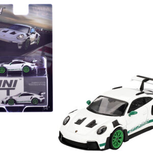 Porsche 911 (992) GT3 RS White with Green Stripes and Wheels "Tribute to Carrera RS Package" Limited Edition 1/64 Diecast Model Car by Mini GT by Diecast Mania