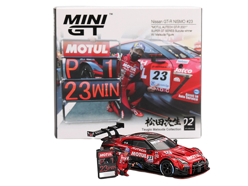 Nissan GT-R NISMO #23 Tsugio Matsuda - Ronnie Quintarelli "MOTUL AUTECH" Winner "Suzuka - Super GT Series" (2021) with Matsuda Figure Limited Edition 1/64 Diecast Model Car by Mini GT Japanese GP - Suzuka Track Art
