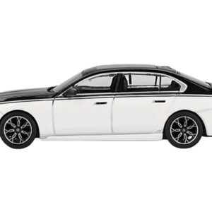BMW i7 xDrive60 Dravit Alpine White and Black Sapphire Limited Edition 1/64 Diecast Model Car by Mini GT Sports Car Racing Gifts by Diecast Mania