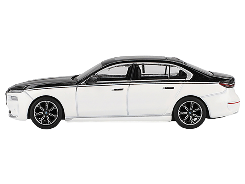 BMW i7 xDrive60 Dravit Alpine White and Black Sapphire Limited Edition 1/64 Diecast Model Car by Mini GT from the BMW store collection.