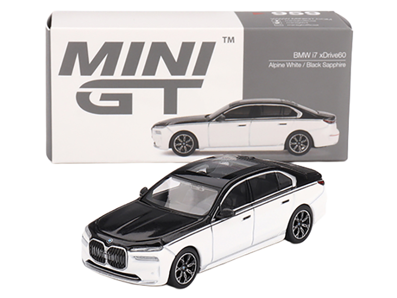 BMW i7 xDrive60 Dravit Alpine White and Black Sapphire Limited Edition 1/64 Diecast Model Car by Mini GT Alpine F1 Team