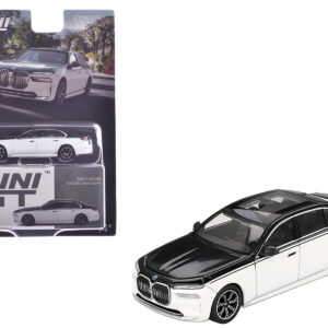 BMW i7 xDrive60 Dravit Alpine White and Black Sapphire Limited Edition 1/64 Diecast Model Car by Mini GT Sports Car Racing Gifts by Diecast Mania