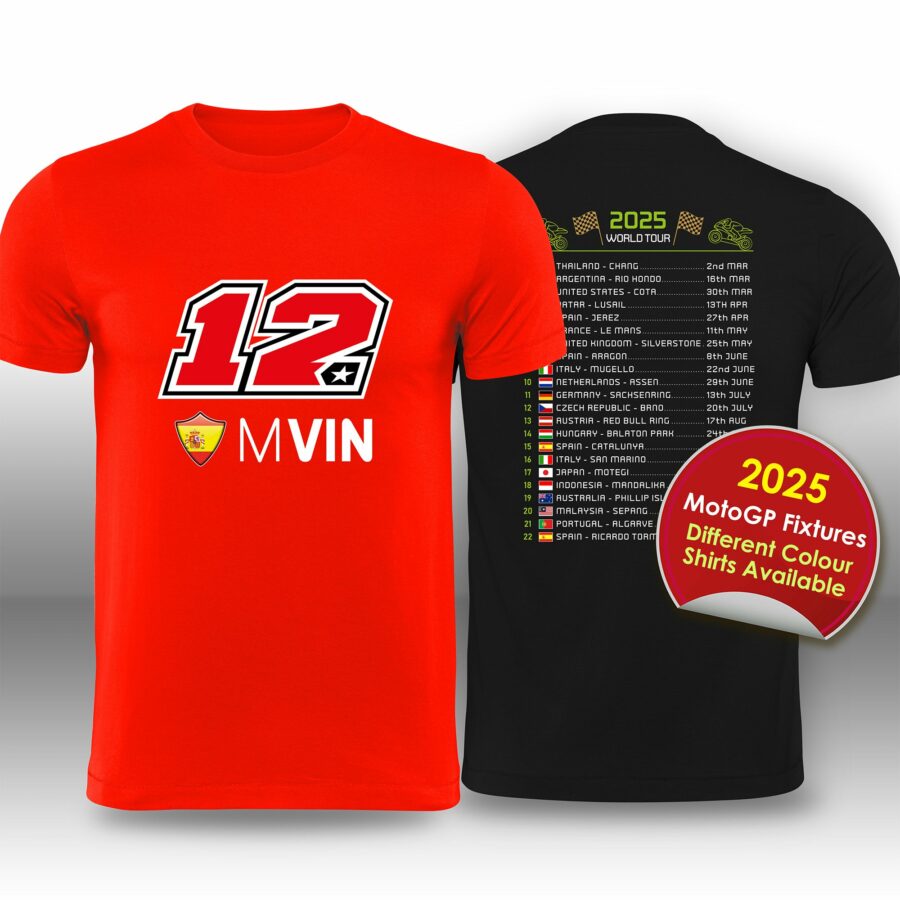 Maverick Vinales 2025 MotoGP Race Calendar T-Shirt from the MotoGP Riders store collection.