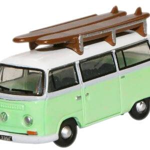 Volkswagen T2 Minibus Light Green and White with Surfboard on Roof Rack 1/148 (N) Scale Diecast Model Car by Oxford Diecast from the Sports Car Racing Collectibles store collection.