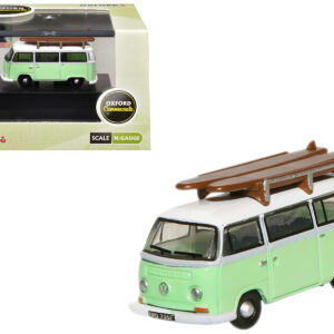 Volkswagen T2 Minibus Light Green and White with Surfboard on Roof Rack 1/148 (N) Scale Diecast Model Car by Oxford Diecast from the Sports Car Racing Collectibles store collection.