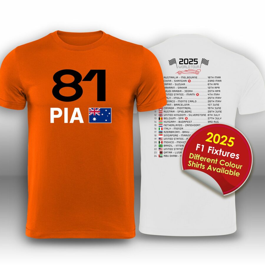Oscar Piastri 2025 Race Calendar Formula 1 F1 T-Shirt from the Sports Car Racing Apparel store collection.