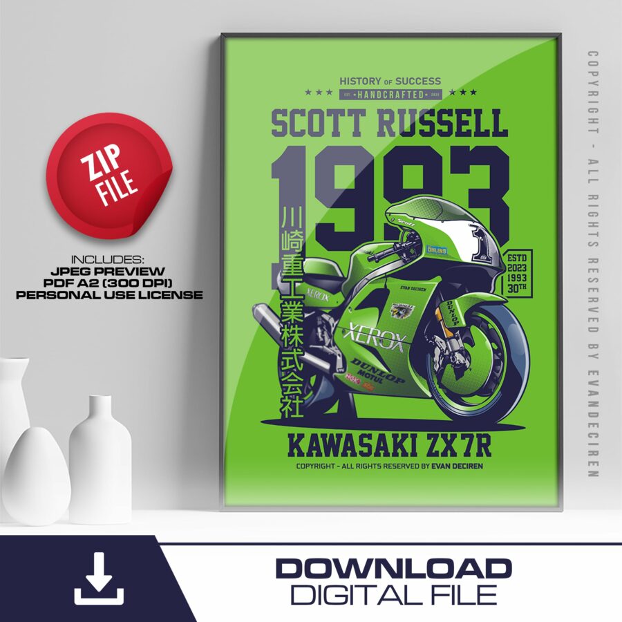 Kawasaki ZX7R | 1993 | Scott Russell from the Sports Car Racing Accessories store collection.