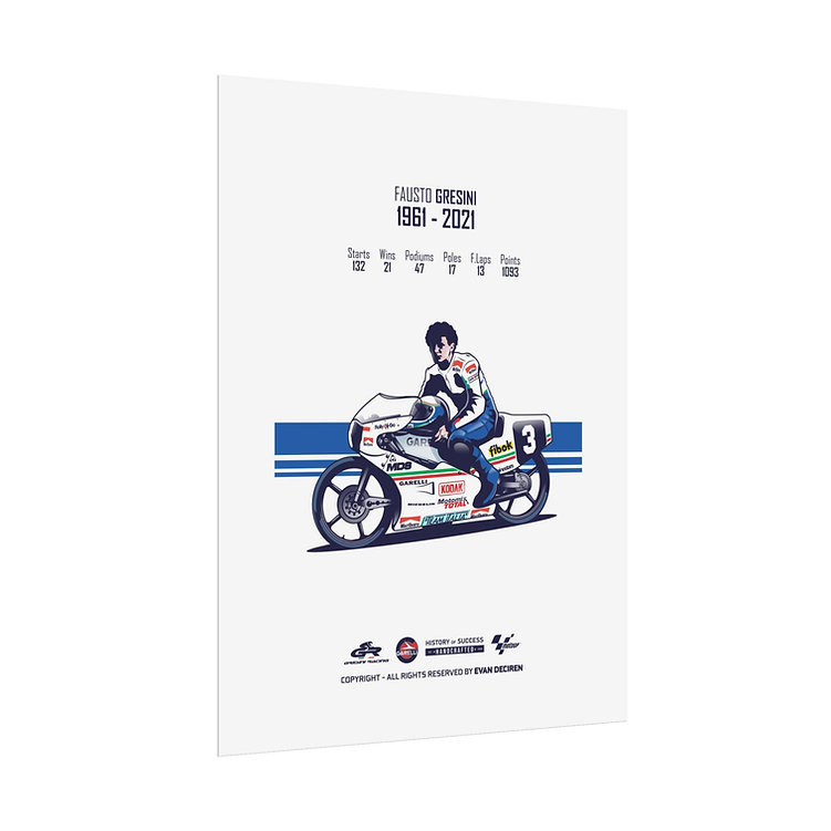 Fausto Gresini 1985 MotoGP Poster | Vintage Motorcycle Racing Wall Art | Tribute 1961-2021 | Digital Download Print Sports Car Racing Art