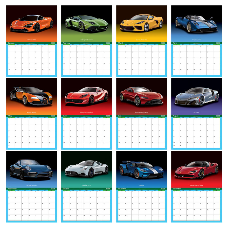 Supercar 12 Month 2026 Calendar on Studio Backgrounds Abu Dhabi GP - Yas Marina Track Art