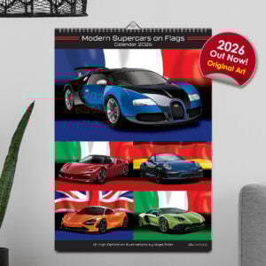 Supercar 12 Month 2026 Calendar on Country Flag Backgrounds Chinese GP - Shanghai Track Art by Billeresque