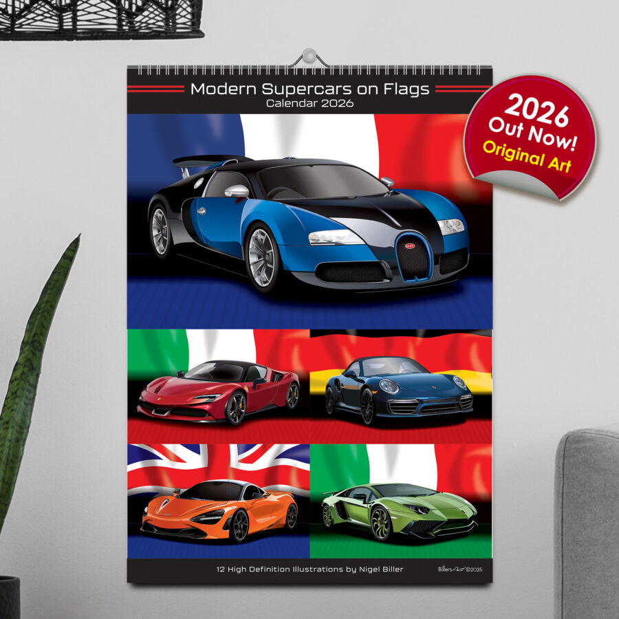 Supercar 12 Month 2026 Calendar on Country Flag Backgrounds from the Chinese GP - Shanghai Track Art store collection.