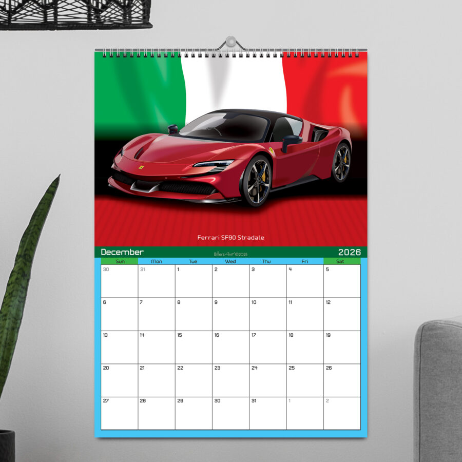 Supercar 12 Month 2026 Calendar on Country Flag Backgrounds Abu Dhabi GP - Yas Marina Track Art