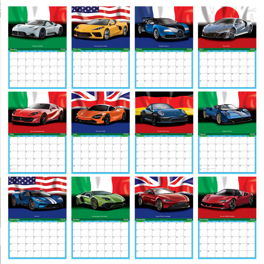 Supercar 12 Month 2026 Calendar on Country Flag Backgrounds Abu Dhabi GP - Yas Marina Track Art