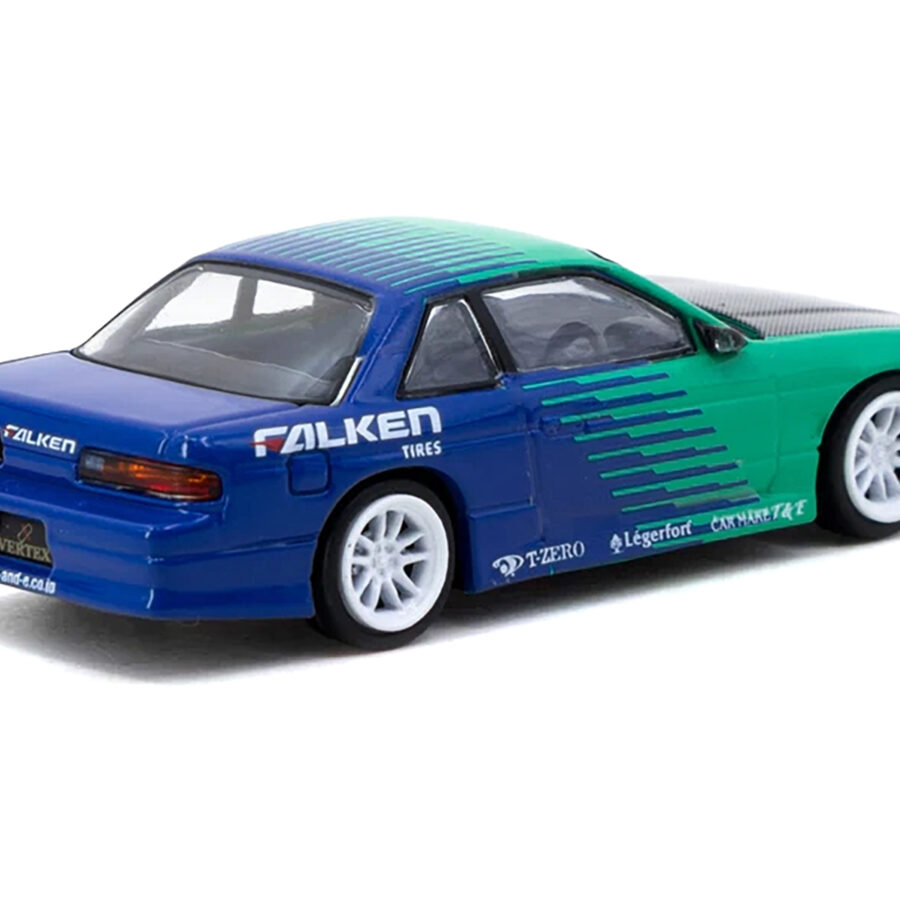 Nissan Silvia (S13) Vertex RHD (Right Hand Drive) "Falken Tires" Green and Blue wuth Carbon Hood "Global64" Series 1/64 Diecast Model by Tarmac Works from the Sports Car Racing Gifts store collection.