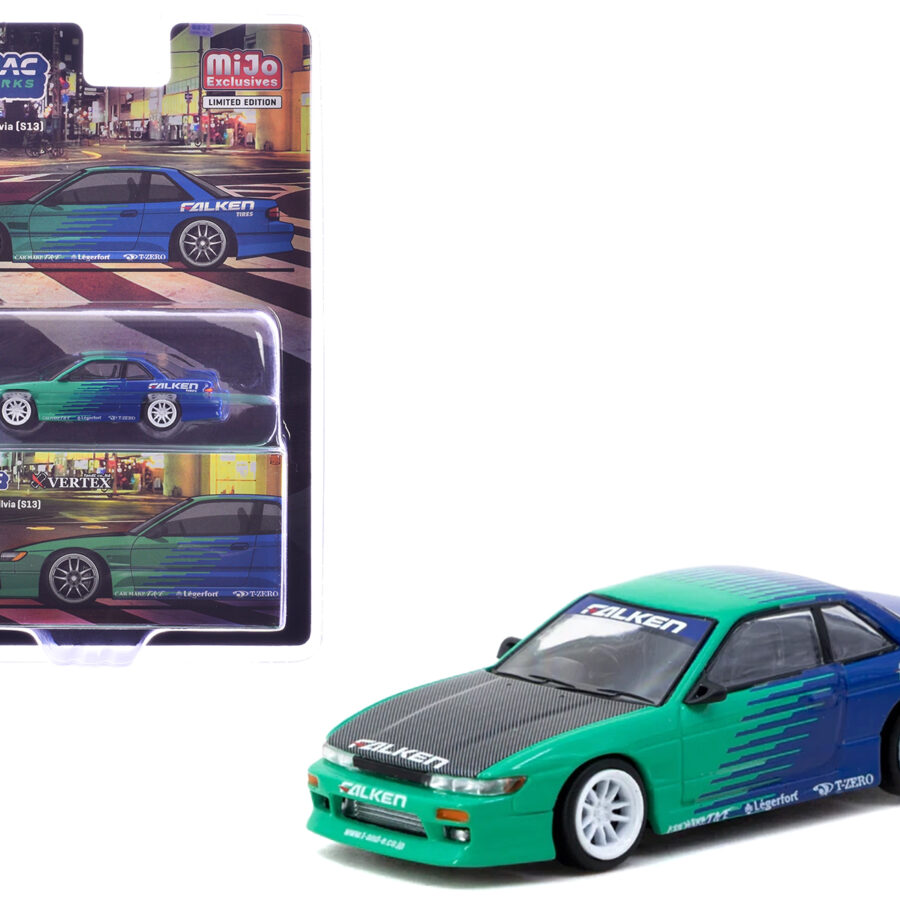 Nissan Silvia (S13) Vertex RHD (Right Hand Drive) "Falken Tires" Green and Blue wuth Carbon Hood "Global64" Series 1/64 Diecast Model by Tarmac Works from the Sports Car Racing Gifts store collection.