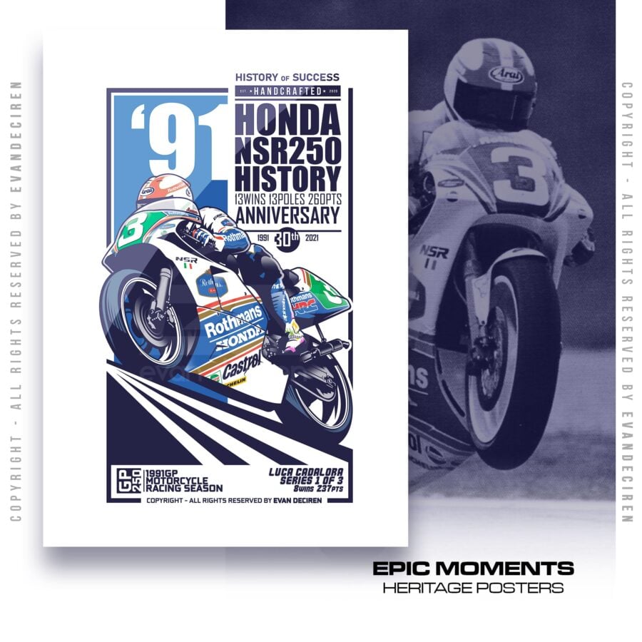 Luca Cadalora 1991 Poster Honda NSR250 Rothmans | MotoGP Legend Racing Art from the MotoGP Memorabilia store collection.