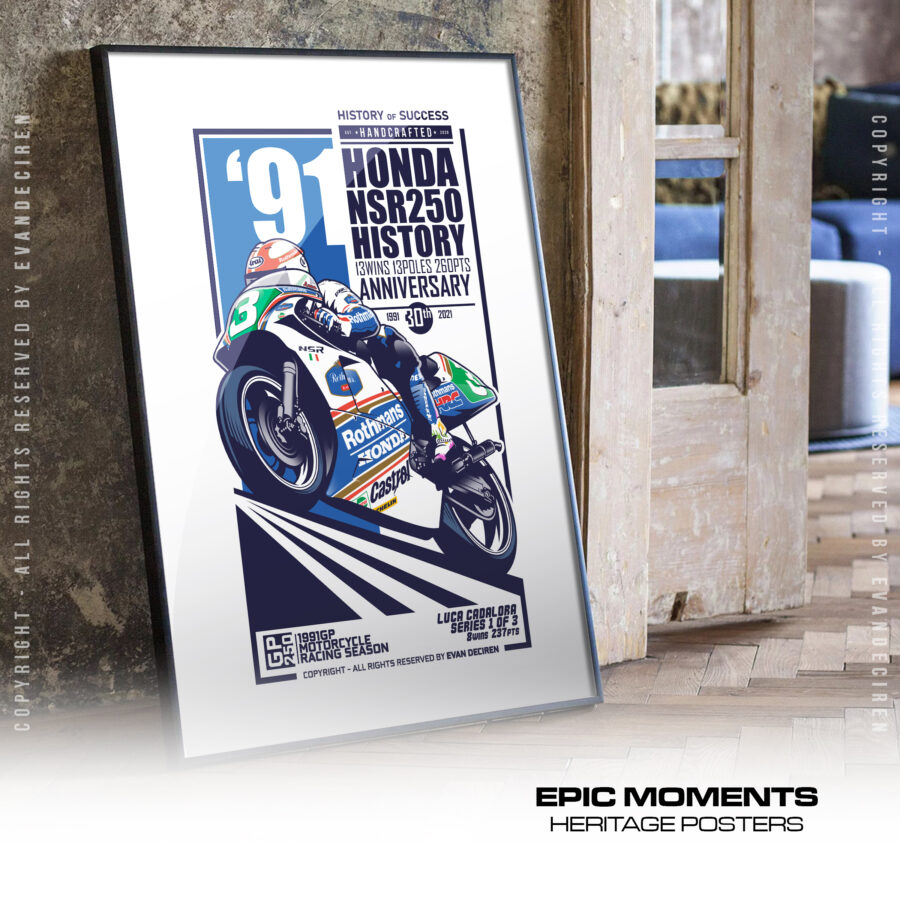 Luca Cadalora 1991 Poster Honda NSR250 Rothmans | MotoGP Legend Racing Art from the MotoGP Memorabilia store collection.