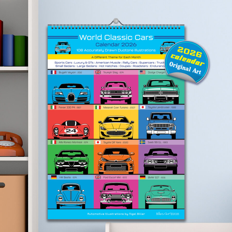 Car Enthusiasts' 12 Month 2026 Front View Iconic World Cars Calendar from the Race Car Wall Art store collection.