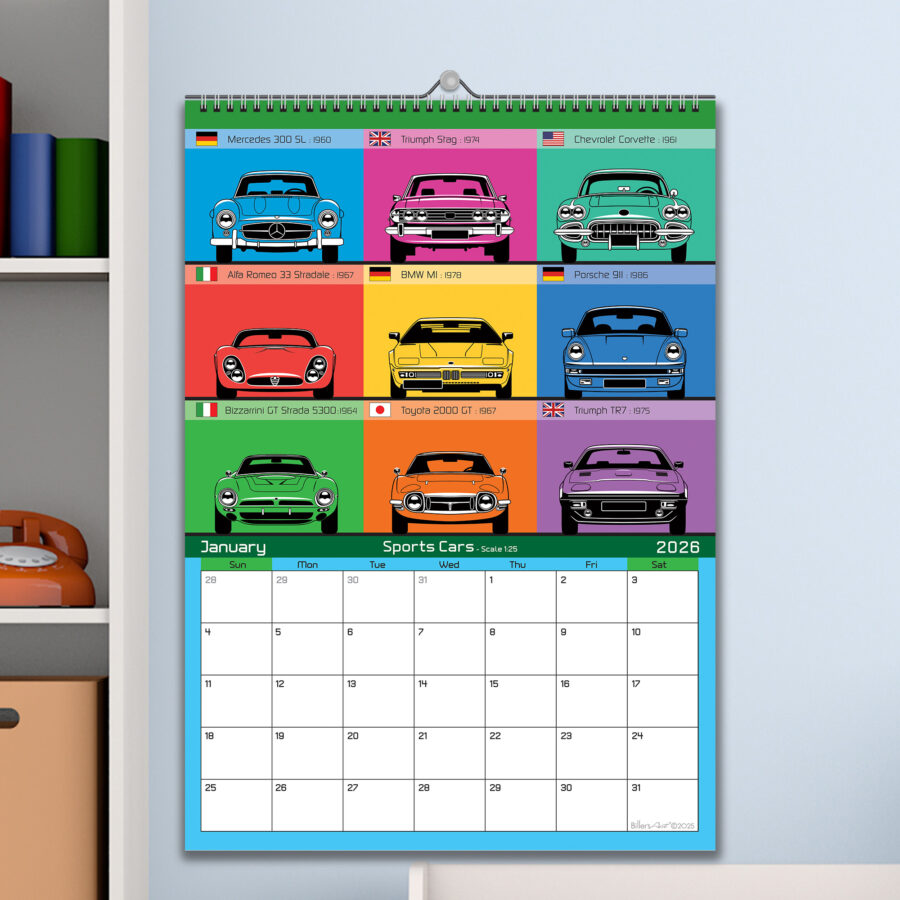 Car Enthusiasts' 12 Month 2026 Front View Iconic World Cars Calendar from the Race Car Wall Art store collection.