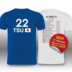 Yuki Tsunoda 2025 Race Calendar Formula 1 F1 T-Shirt from the Sports Car Racing Apparel store collection.