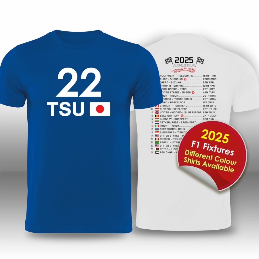 Yuki Tsunoda 2025 Race Calendar Formula 1 F1 T-Shirt from the F1 Jackets store collection.