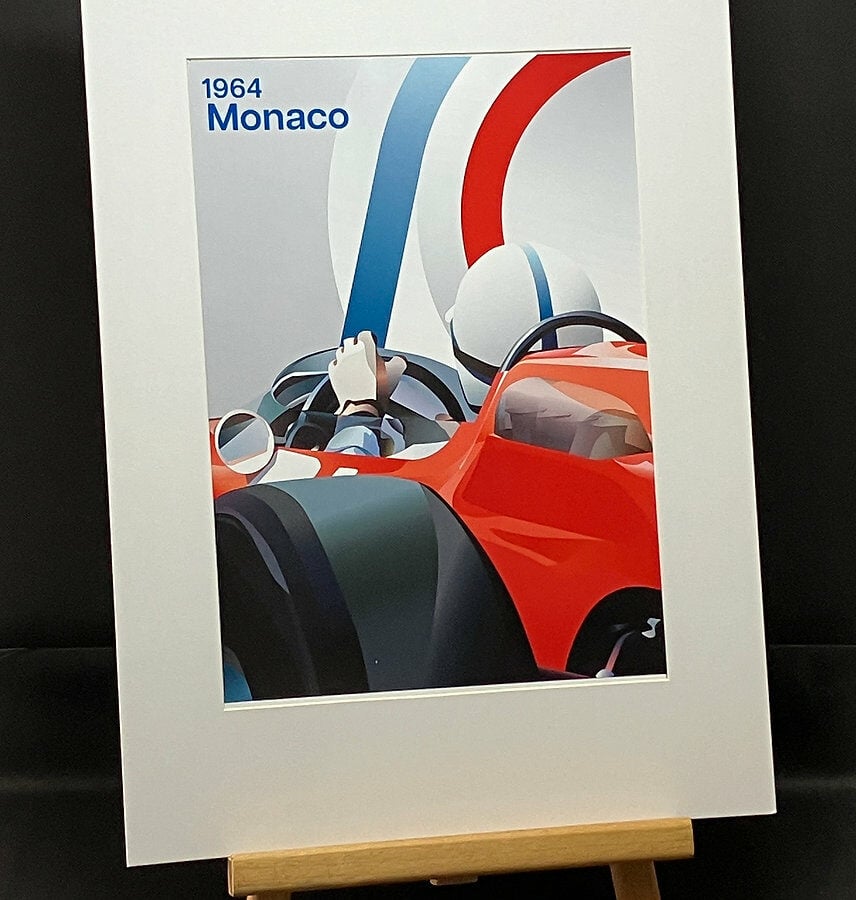 John Surtees, 1964 Monaco GP poster A4 mounted print F1 Jackets