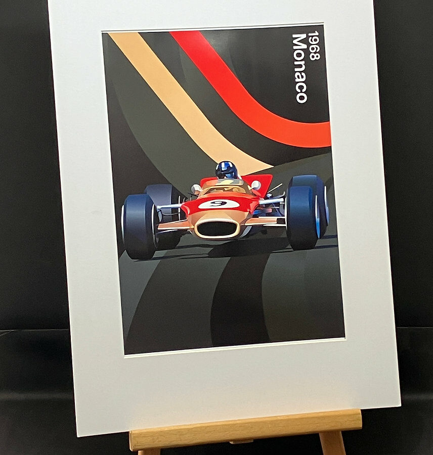 Graham Hill, Lotus, 1968 Monaco GP poster A4 mounted print F1 Jackets