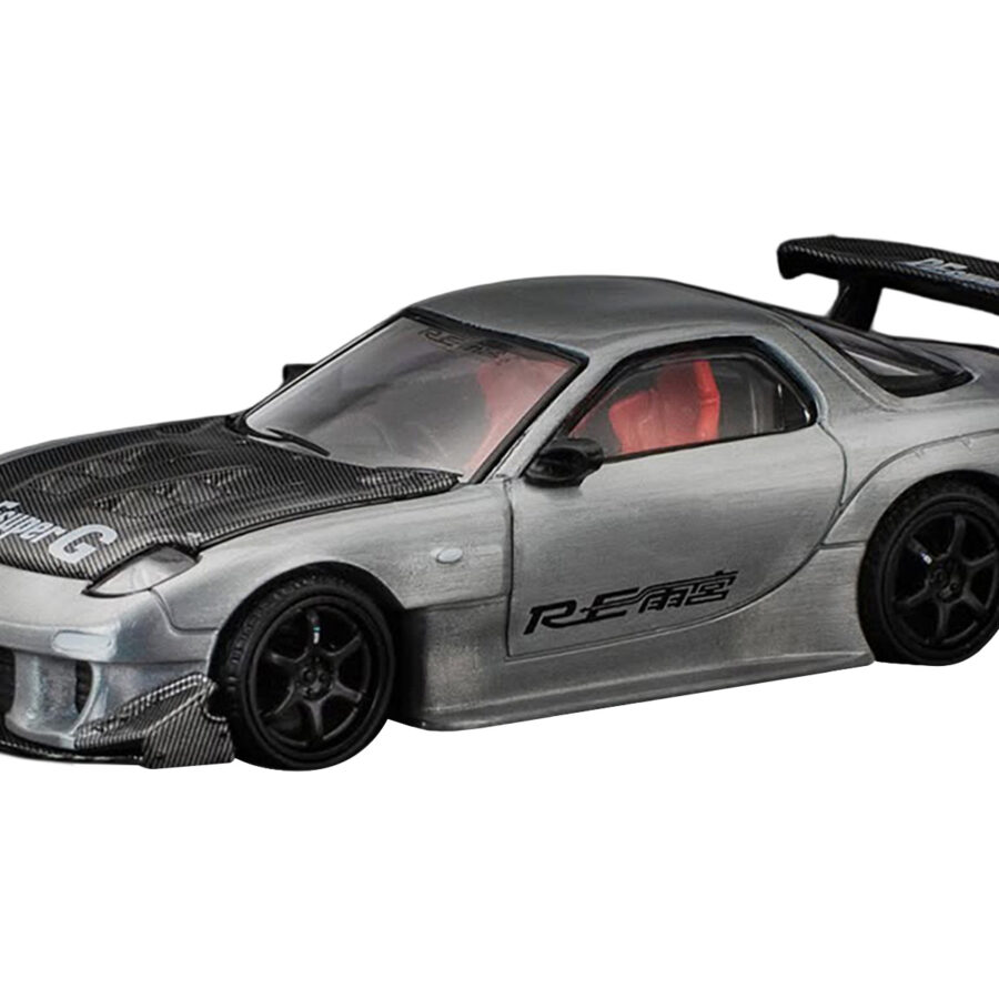 Mazda RX-7 RE-Amemiya RHD (Right Hand Drive) Silver Metallic with Carbon Hood "Japan Minicar a Gogo Exclusive" 1/64 Diecast Model Car by Pop Race Automotive