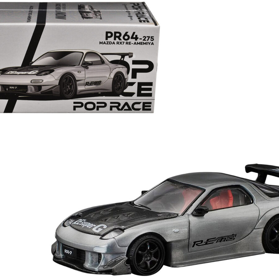 Mazda RX-7 RE-Amemiya RHD (Right Hand Drive) Silver Metallic with Carbon Hood "Japan Minicar a Gogo Exclusive" 1/64 Diecast Model Car by Pop Race Automotive