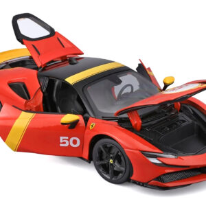 Ferrari SF90 Stradale Assetto Fiorano #50 Red with Black Top and Yellow Stripes "Race + Play" Series 1/18 Diecast Model Car by Bburago Automotive by Diecast Mania