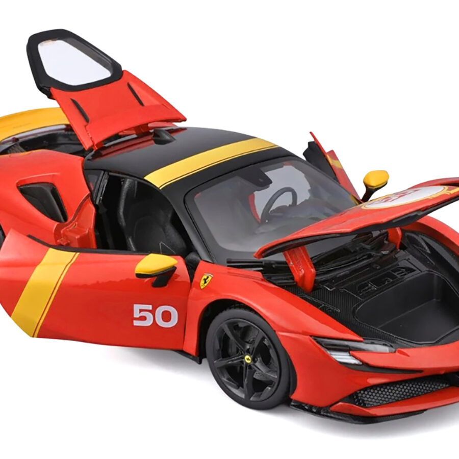 Ferrari SF90 Stradale Assetto Fiorano #50 Red with Black Top and Yellow Stripes "Race + Play" Series 1/18 Diecast Model Car by Bburago Automotive