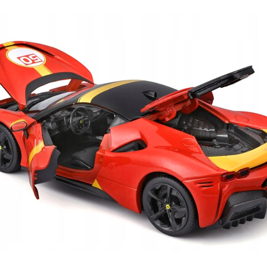 Ferrari SF90 Stradale Assetto Fiorano #50 Red with Black Top and Yellow Stripes "Race + Play" Series 1/18 Diecast Model Car by Bburago Automotive