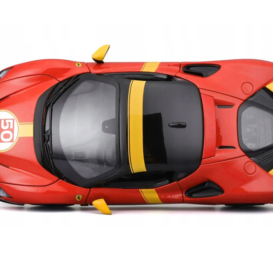 Ferrari SF90 Stradale Assetto Fiorano #50 Red with Black Top and Yellow Stripes "Race + Play" Series 1/18 Diecast Model Car by Bburago Automotive