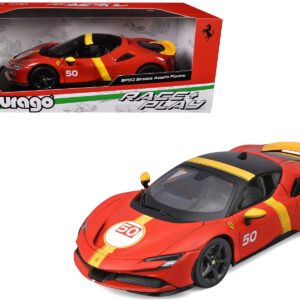 Ferrari SF90 Stradale Assetto Fiorano #50 Red with Black Top and Yellow Stripes "Race + Play" Series 1/18 Diecast Model Car by Bburago Automotive by Diecast Mania